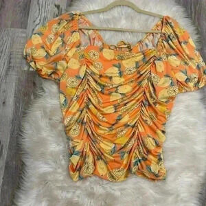 Lilly white ruched short sleeve orange lemon criss cross back top 2x